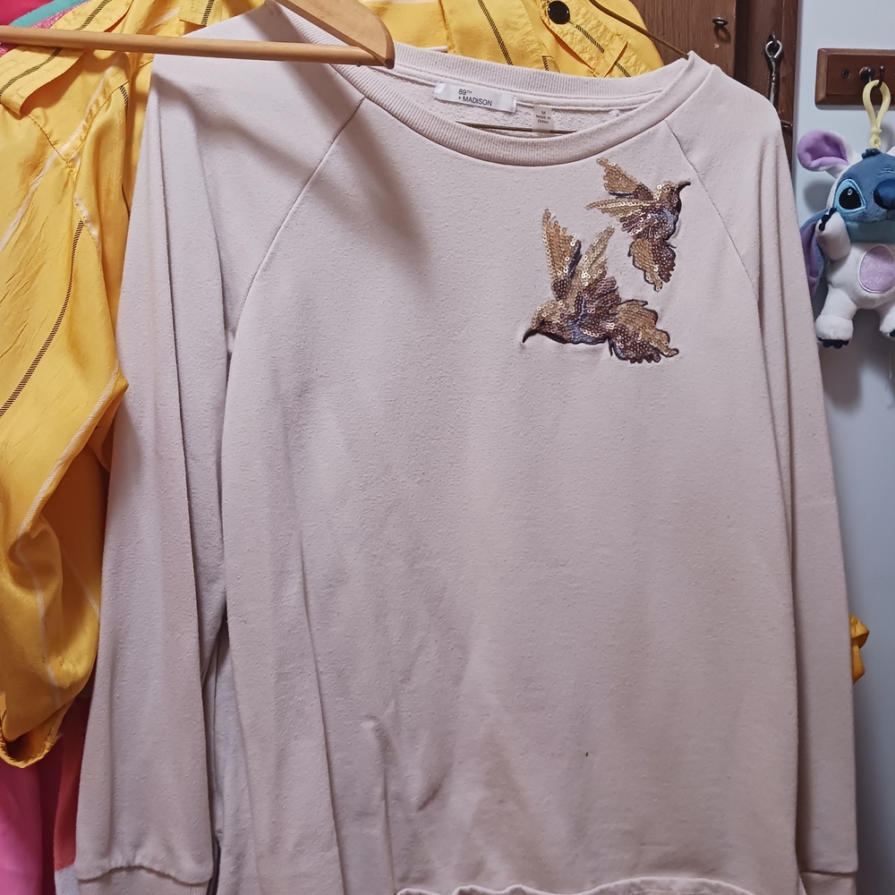 Embroidered Bird Long Sleeve Top - Cream